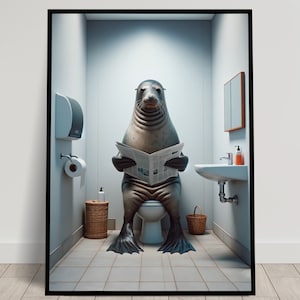 Foto di un sigillo che legge il giornale sul water, decorazione umoristica per WC, cornice decorativa per il bagno, poster per WC, regalo divertente
