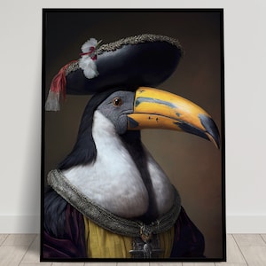 Ritratto di un tucano nobile in stile barocco, Decorazione murale di animali, Poster di uccelli, Poster da parete da incorniciare, Vecchia tela dipinta