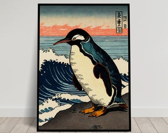 Penguin Wall Poster, Japanese Art Style Illustration, Ukiyo-e Print Poster, Wall Art, Penguin Japan Wall Decoration