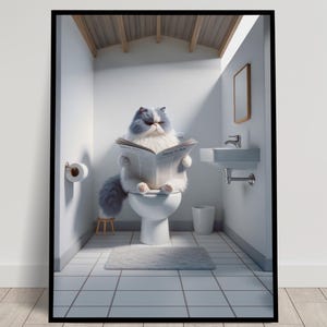 Poster di un gatto persiano blu e bianco che legge sul water, decorazione umoristica per il water, poster da parete per WC e bagno, regalo divertente per gatti