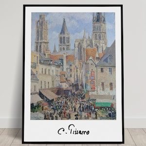 May include: A painting depicting a busy street scene in a European city. The buildings are tall and narrow, with pointed roofs and numerous windows. The street is crowded with people, some of whom are carrying baskets or bags. In the background, a large cathedral with two tall towers dominates the skyline. The painting is signed "C. Pissarro" in the bottom right corner.