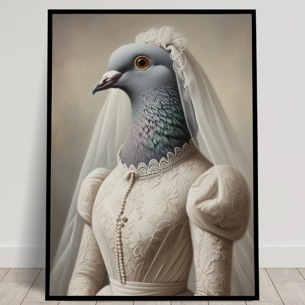 Portrait d'une Pigeonne en Robe de Mariée, Décoration murale animaux, Poster Pigeon Mariage, Affiche murale mariée, Cadre humoristique