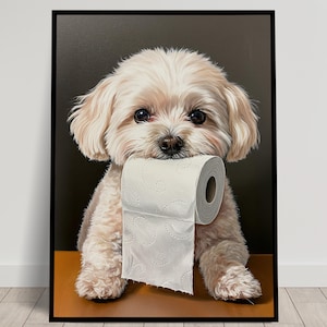 Bichon Frisé with toilet paper roll in mouth, Toilet Humor, Bichon Gifts, Bathroom Print, Dog Lover Gift, WC Wall Art, Framed Print
