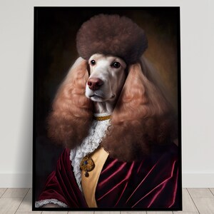 May include: A white poodle wearing a brown fur hat and a red velvet robe with gold accents. The dog is looking to the left of the frame.
