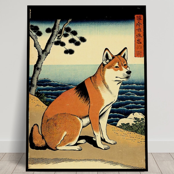 Affiche Murale Chien Shiba Inu, Illustration style Art Japonais, Décoration Murale Nippone