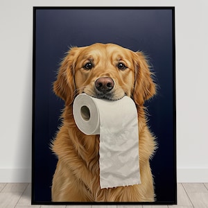 Golden Retriever mordiendo un rollo de papel higiénico, humor sobre el baño, póster sobre el baño, regalo de Golden Retriever, póster enmarcado, póster sobre perros