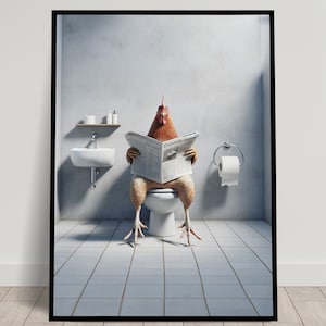 Foto di una gallina che legge il giornale sul water, decorazione umoristica per WC, cornice decorativa per il bagno, poster per WC, regalo divertente