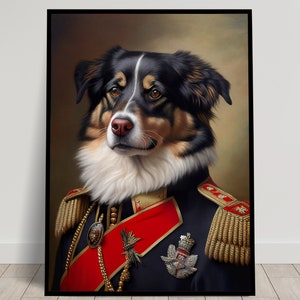 Retrato de un pastor australiano en uniforme militar, decoración de pared de animales, cartel de perro, cartel de pared de perro