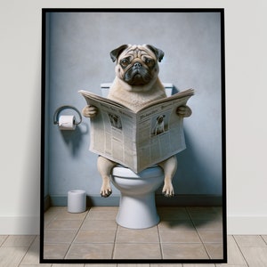 Foto di un carlino che legge il giornale sul water, decorazione umoristica per WC, cornice decorativa per il bagno, poster per WC, regalo divertente