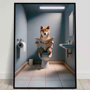 Foto di uno Shiba Inu che legge il giornale sul water, Decorazione umoristica del WC, Cornice decorativa per il bagno, Poster della toilette, Regalo divertente per cani