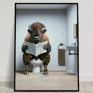 Photograph of a Bison reading the newspaper on the Toilet, Funny Bathroom Decor, Bathroom Wall Art, WC Toilet Poster, Unique Funny Gift