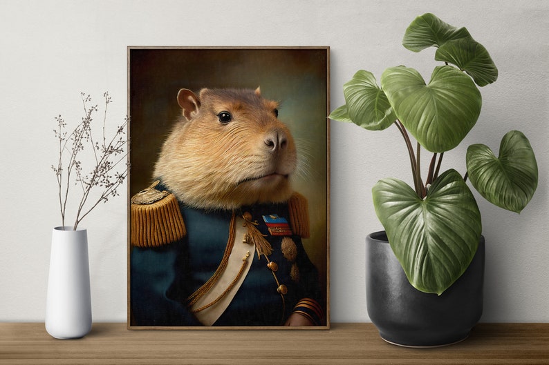 Ritratto di un capibara in uniforme militare, stampa di capibara, decorazione da parete con animali, poster di capibara immagine 4