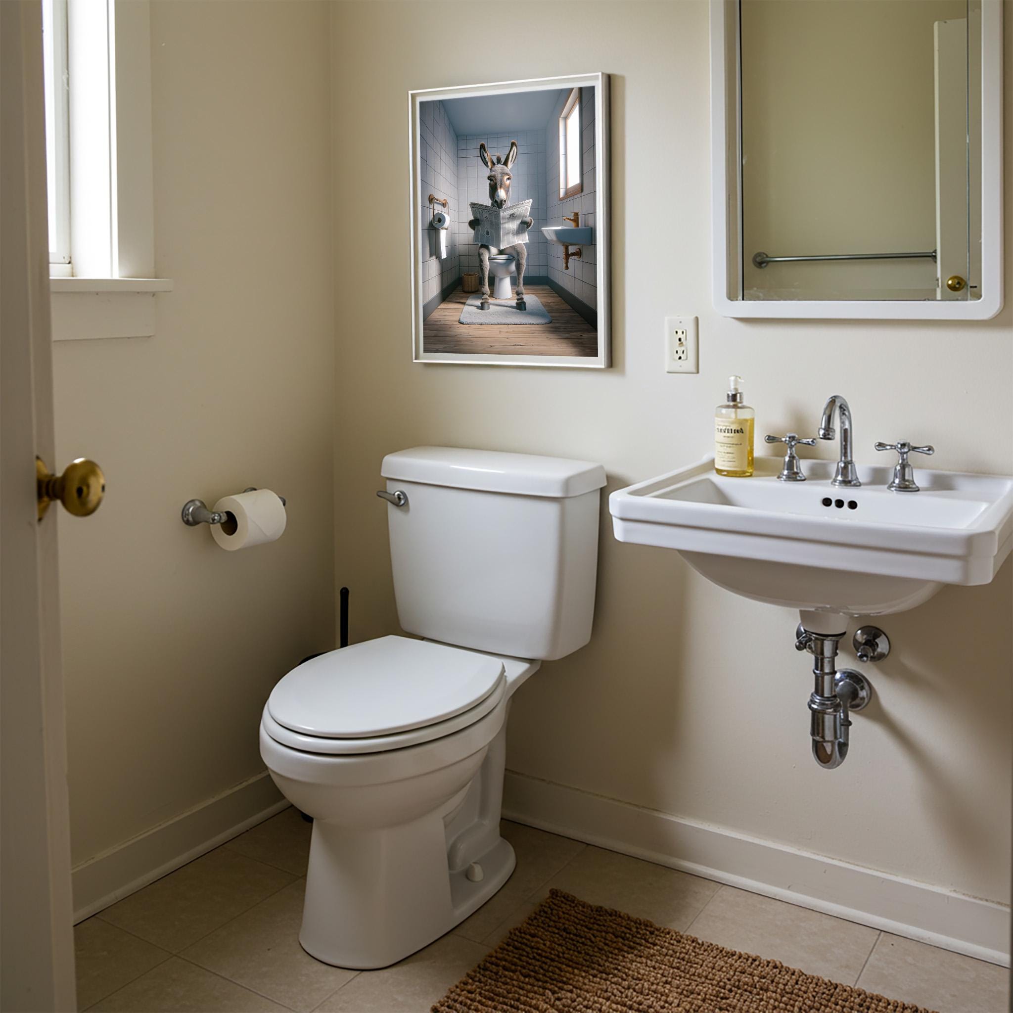 Foto di un asino che legge il giornale sul water, decorazione umoristica per WC, cornice decorativa per il bagno, poster per WC, regalo divertente - Italia