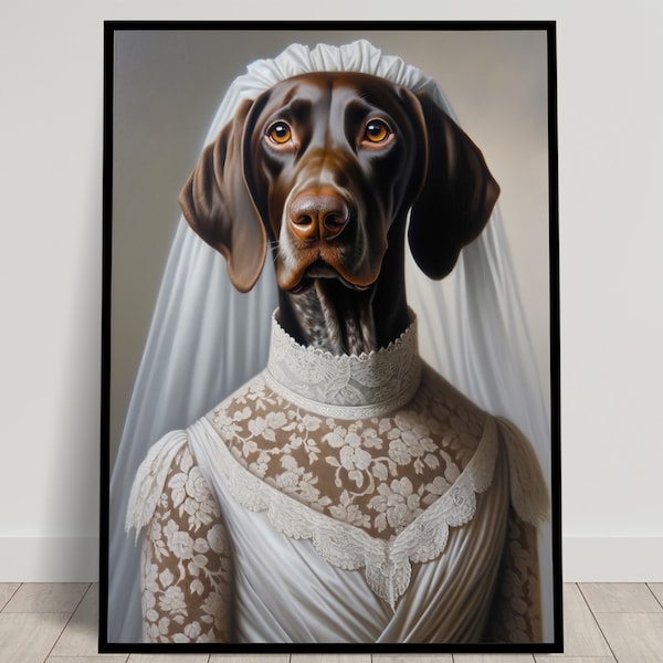 Portrait d'une Braque Allemand en Robe de Mariée, Décoration murale animaux, Poster Chien Mariage, Affiche murale mariée, Cadre humoristique
