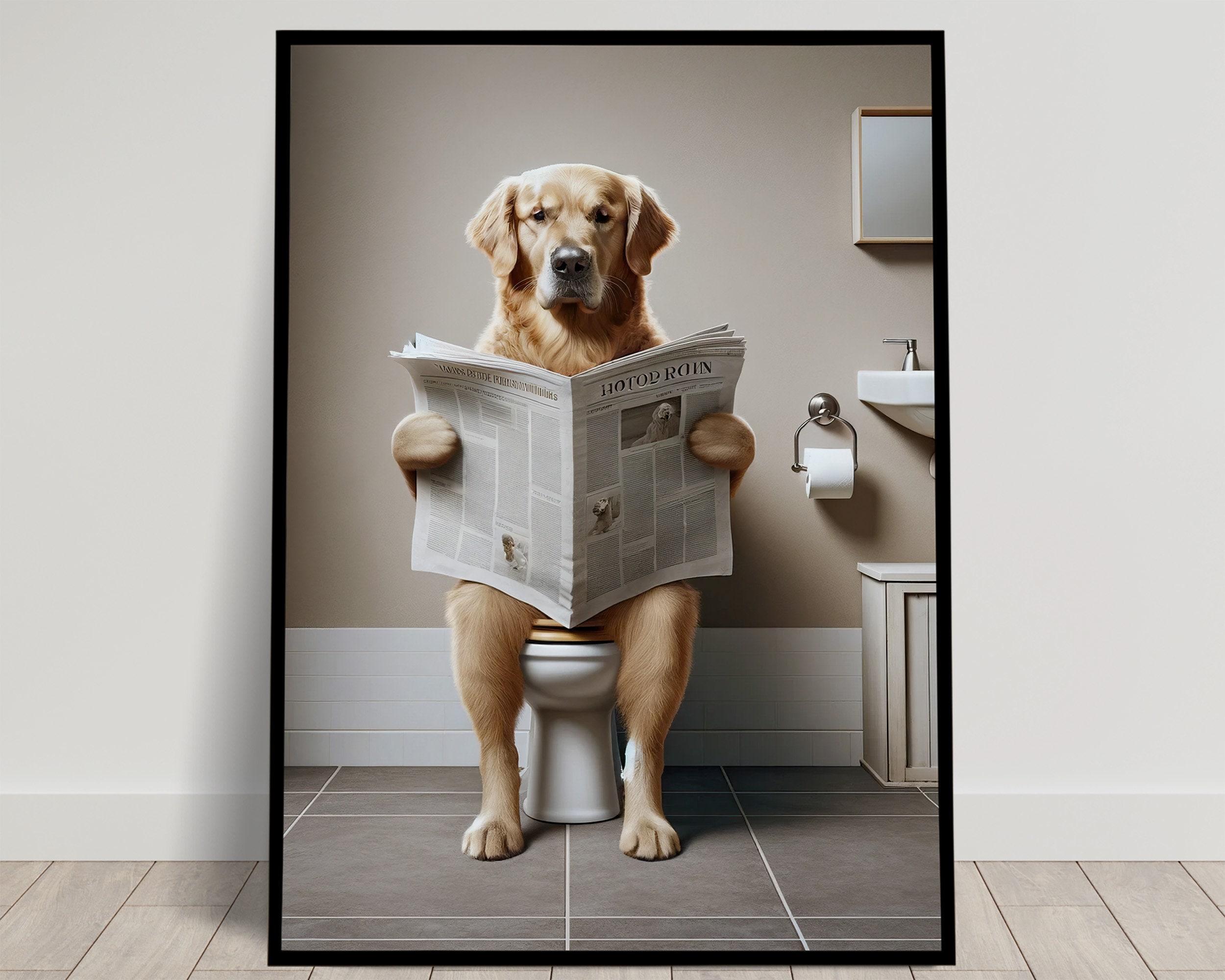 Photograph of a Golden Retriever reading the newspaper on the Toilet, Fun Bathroom Decor, Bathroom Wall Art, WC Toilet Poster, Gag Gift
