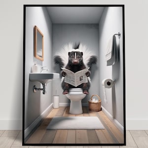 Foto di una puzzola che legge il giornale sul water, decorazione divertente per il water, cornice decorativa per il bagno, poster per il water, regalo divertente