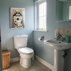 Husky with toilet paper roll in mouth, Toilet Humor, Sibe Gifts, Bathroom Print, Dog Lover Gift, WC Wall Art, Framed Print image 3