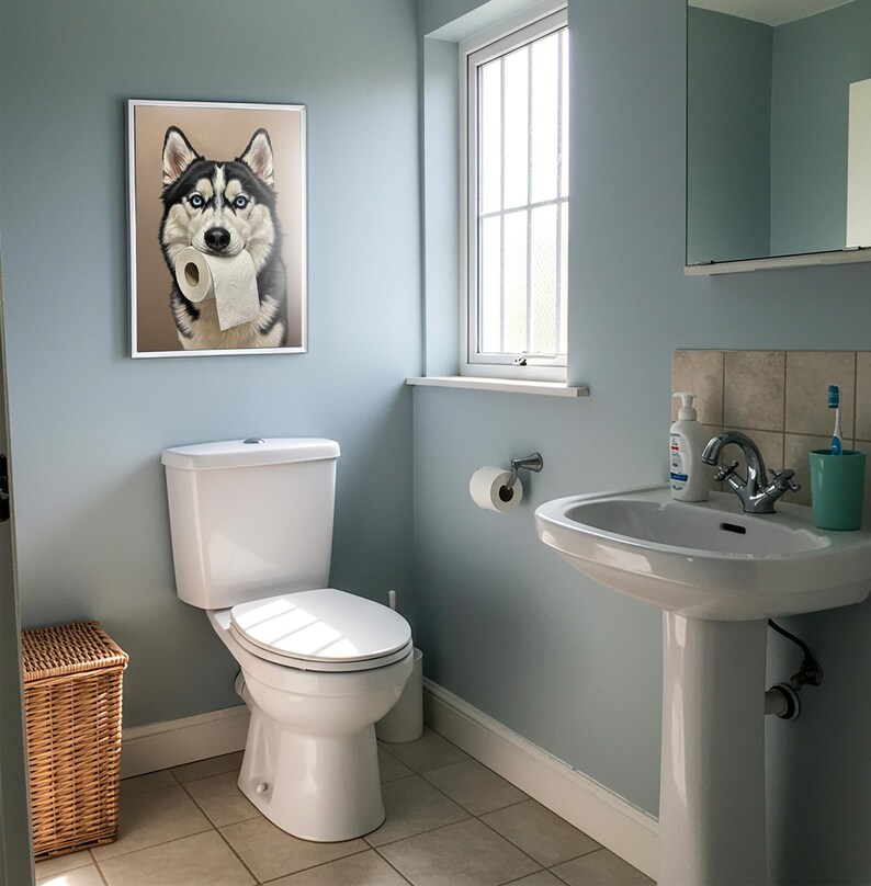 Husky with toilet paper roll in mouth, Toilet Humor, Sibe Gifts, Bathroom Print, Dog Lover Gift, WC Wall Art, Framed Print image 3