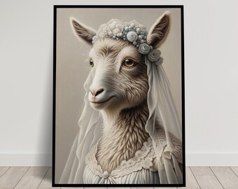 Portrait of a Goat wearing a Wedding Dress, Animal Wall Decor, Goat Mariage Poster, Bride Wall Art, Funny Frame, Unique Gift