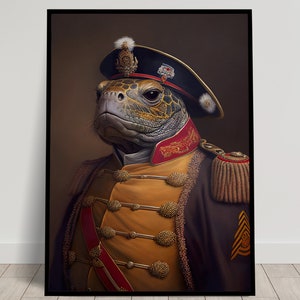 Portrait of a Turtle in Military Uniform, Heroic Turtle Wall Art Print, Antique Painting, Turtle Poster