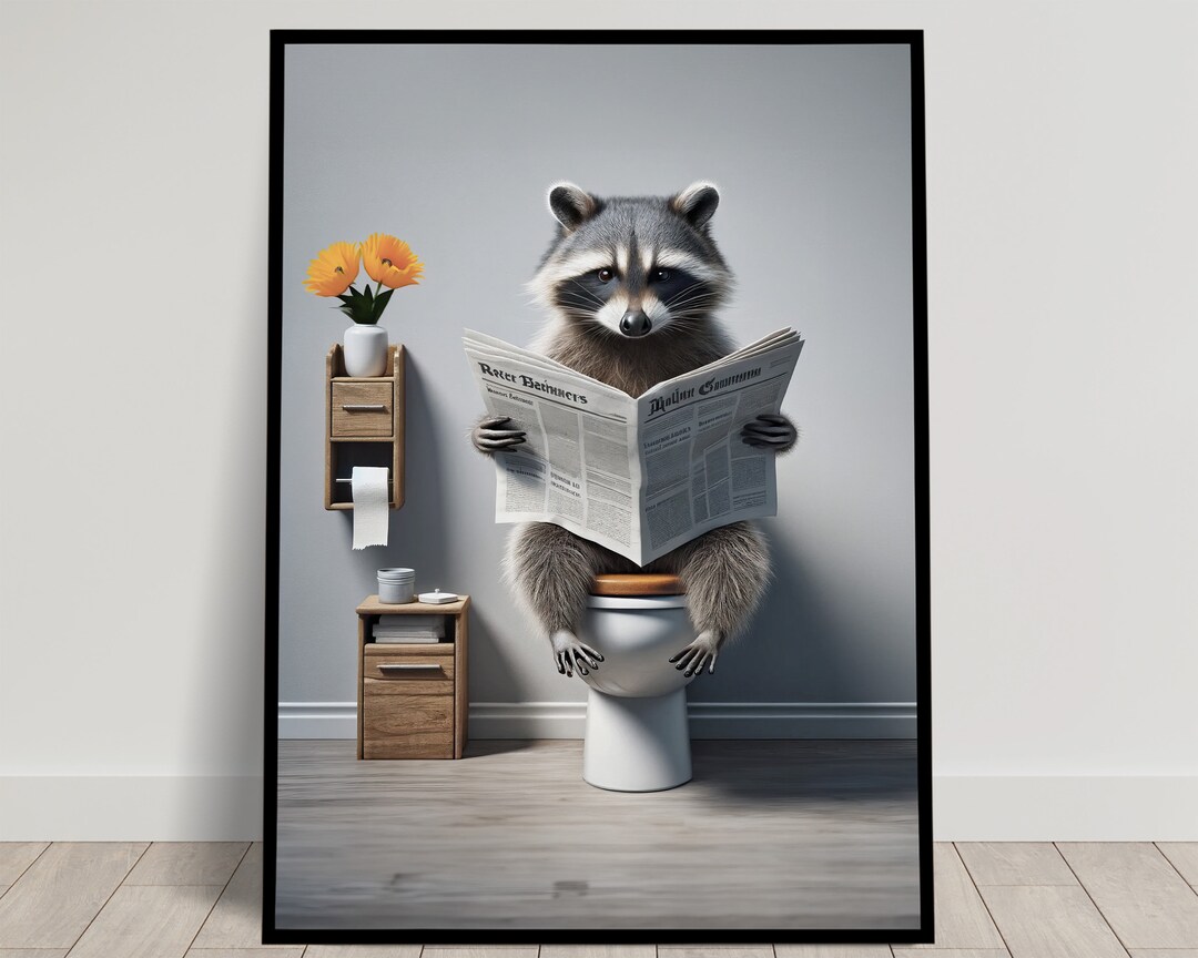 Photograph of a Raccoon Reading the Newspaper on the Toilet, Funny ...