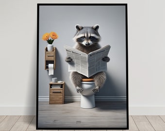 Foto van een wasbeer die een krant leest op het toilet, grappige toiletdecoratie, badkamerdecoratieframe, toiletposter, leuk cadeau