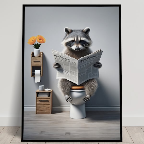 Photo d'un Raton-laveur lisant le journal sur les toilettes, Décoration Humour WC, Cadre déco Salle de bain, Poster Toilettes, Cadeau Fun