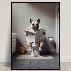 Foto di un Bulldog francese che legge il giornale sul water, decorazione umoristica per WC, cornice decorativa per il bagno, poster per WC, regalo divertente