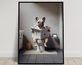 Photo d'un Bouledogue français lisant le journal sur les toilettes, Déco Humour WC, Cadre déco Salle de bain, Poster Toilettes, Cadeau Fun