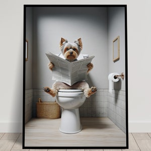Foto di uno Yorkshire che legge il giornale sul water, decorazione umoristica per WC, cornice decorativa per il bagno, poster per WC, regalo divertente