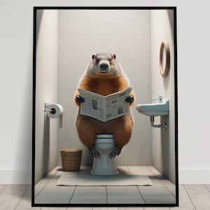 Foto di una marmotta che legge il giornale sul water, decorazione divertente per il water, cornice decorativa per il bagno, poster per il water, regalo divertente