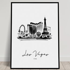 Póster de pared de monumentos de Las Vegas, Ilustración en blanco y negro, Arte de pared de salón, Decoración de dormitorio, Póster de oficina, Idea de regalo elegante