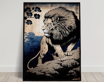 Lion Wall Poster, Japanese Art Style Illustration, Ukiyo-e Print Poster, Wall Art, Lion Japan Wall Decoration