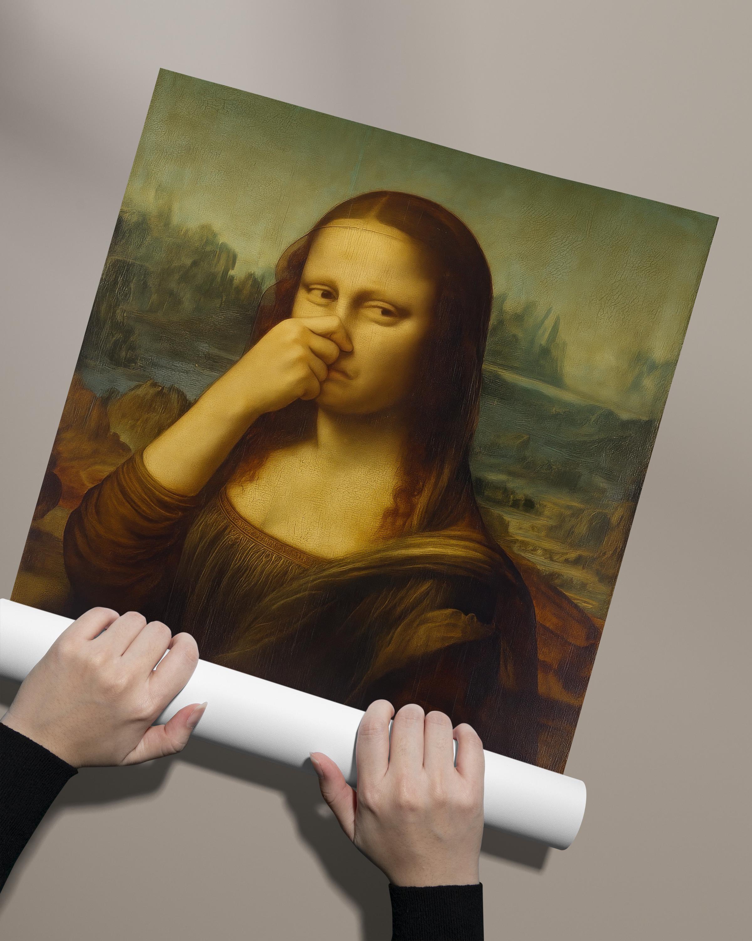 Quadro Decorativo "Mona Lisa Che Si Pizzica Il Naso" - Stampa Su Legno 30x40 Cm, Umorismo Per Bagno O Casa