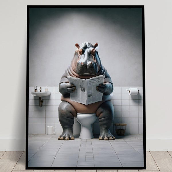Photo d'un Hippopotame lisant le journal sur les toilettes, Décoration Humour WC, Cadre déco Salle de bain, Poster Toilettes, Cadeau Fun