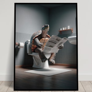 Foto di una tartaruga che legge il giornale sul water, decorazione umoristica per WC, cornice decorativa per il bagno, poster per WC, regalo divertente