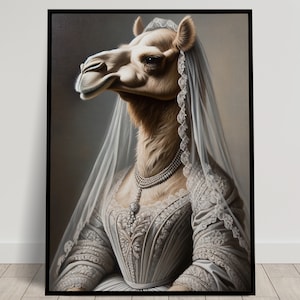 Ritratto di un cammello in abito da sposa, decorazione murale con animali, poster di matrimonio in cammello, poster da parete della sposa, cornice umoristica
