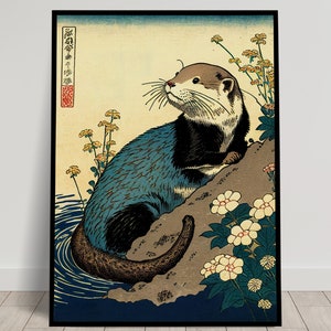 Otter Wall Poster, Japanese art style illustration, Ukiyo-e Print Poster, Wall art, Japan Otter wall decoration