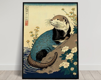Otter Wall Poster, Japanese Art Style Illustration, Ukiyo-e Print Poster, Wall Art, Otter Japan Wall Decor