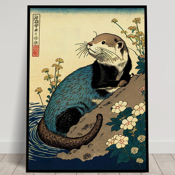 Affiche Murale Loutre, Illustration style art japonais, Poster Impression Ukiyo-e, Art mural, Décoration murale Loutre Japon