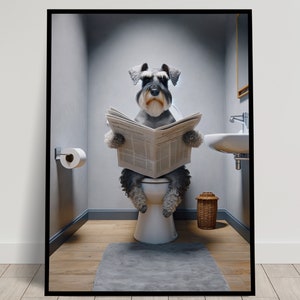 Foto di uno Schnauzer che legge il giornale sul water, Decorazione umoristica per WC, Cornice decorativa per il bagno, Poster per WC, Regalo divertente