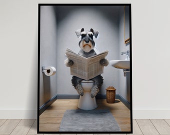 Photograph of a Miniature Schnauzer reading the newspaper on the Toilet, Funny Bathroom Decor, Bathroom Wall Art, WC Toilet Poster, Gag Gift
