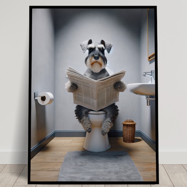 Foto eines Schnauzers, der auf der Toilette die Zeitung liest, humorvolle WC-Dekoration, dekorativer Rahmen für das Badezimmer, Toilettenposter, lustiges Geschenk