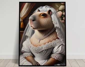 Portret van een capibara in een trouwjurk, dierenmuurdecoratie, capibara-huwelijksposter, bruidsmuurposter, grappige lijst