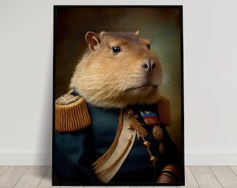 Portrait of a Capybara in Military Uniform, Capybara Print, Animal Wall Decor, Capybara Poster