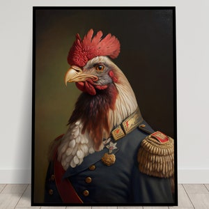 Porträt eines Hahns in Militäruniform, Tierwanddekoration, heroisches Geflügelplakat, Wandplakat zum Einrahmen