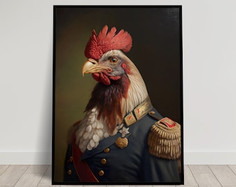 Portrait of a Rooster in Military Uniform, Animal Wall Decor, Heroic Poultry Poster, Wall Poster to Frame
