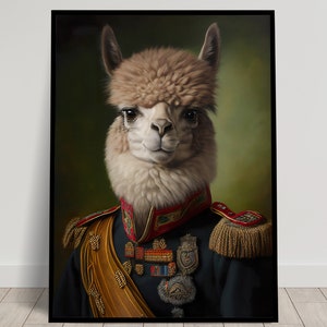 Retrato de una Alpaca en Uniforme Militar, Decoración de pared de animales, Cartel de Alpaca Heroica, Cartel de pared para enmarcar