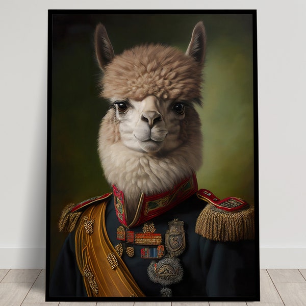 Portrait of an Alpaca in Military Uniform, Wall decoration animals, Poster Heroic Alpaca, Wall poster to frame