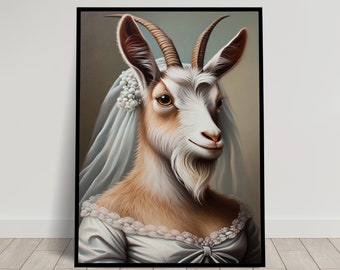 Portrait of a Goat wearing a Wedding Dress, Animal Wall Decor, Goat Mariage Poster, Bride Wall Art, Funny Frame, Unique Gift